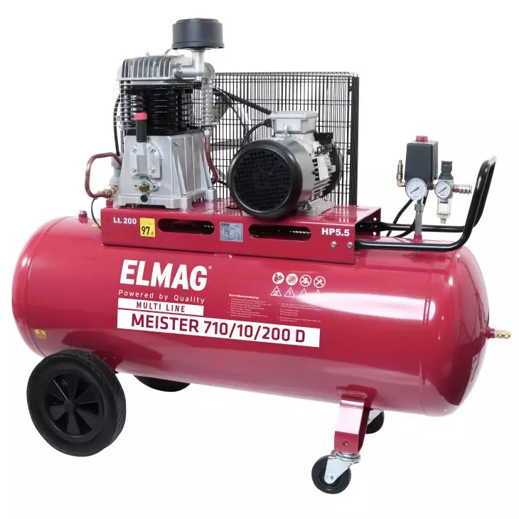 ELMAG Kolbenkompressor MEISTER 710/10/200 D, 490 l/min, 10 bar, 200 l Kessel, fahrbar