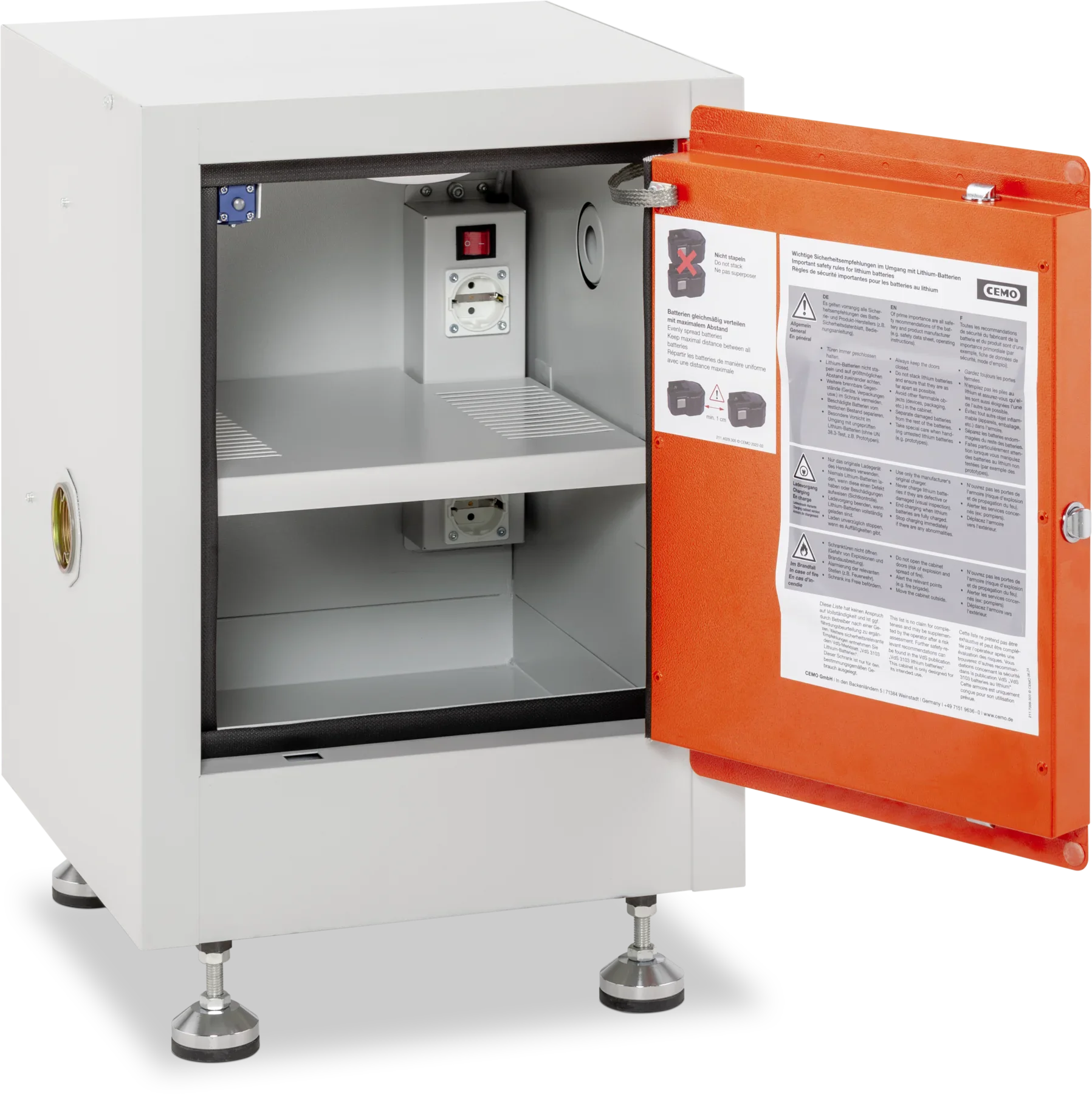 CEMO Akku-Lagerschrank mit Ladeeinheit – kompakter Lithium-Akku-Sicherheitsschrank, 43 × 43 × 56 cm