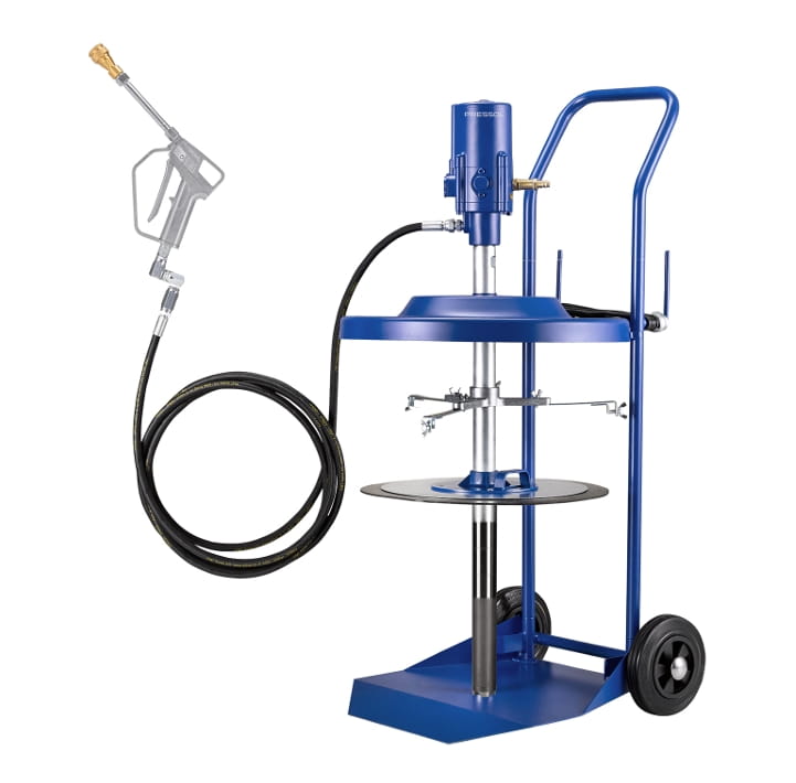 Pressol Fettsystem für Zentralschmieranlage 50 kg – Pneumatik Fettförderanlage 50:1 mit Fahrwagen & 4 m Hochdruckschlauch