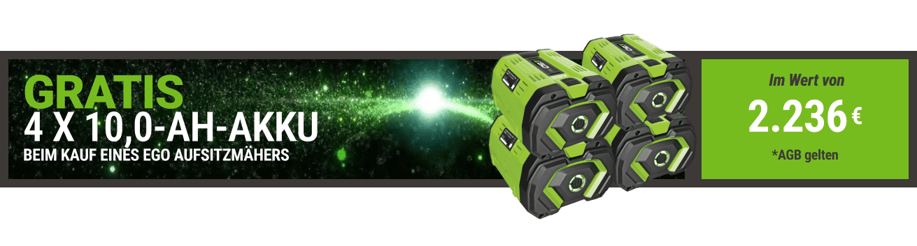 GRATIS 4 x 10-Ah-Akkus - beim Kauf eines EGO Aufsitzmähers