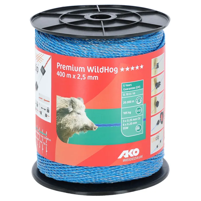 AKO Premium WildHog Weidezaunlitze 400 m | Blau | 3 × 0,25 mm Kupferleiter | 6 × 0,20 mm Edelstahlleiter