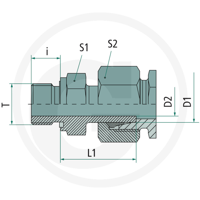 Rohrverschraubung, Metallfitting, Sechskantmutter, Gewindeanschluss, Technische Zeichnung