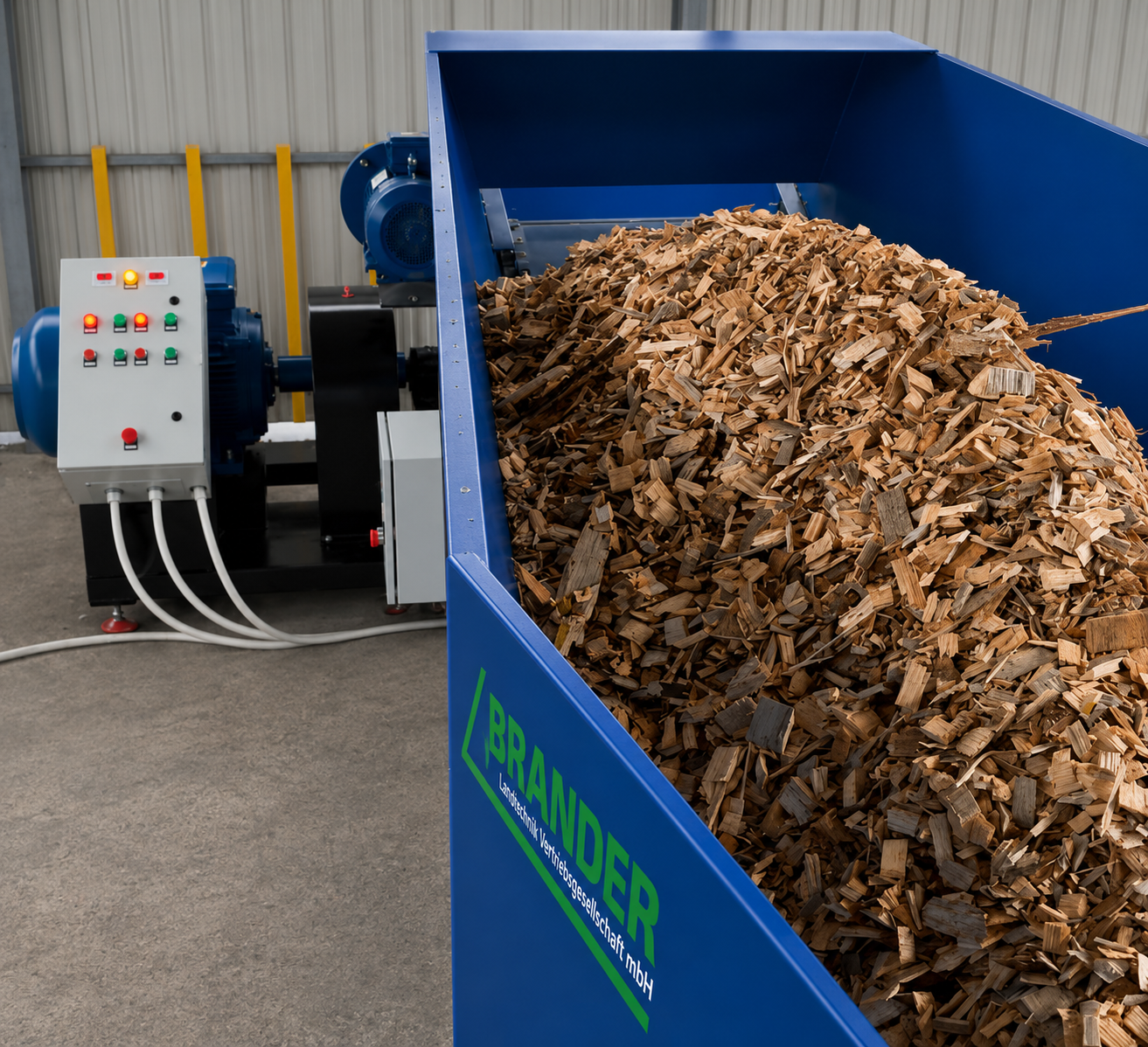 Hammermühlen Komplettsystem für Biomasse, Holz & Futtermittel – 1000 kg/h mit Zufuhrbehälter 5 m³