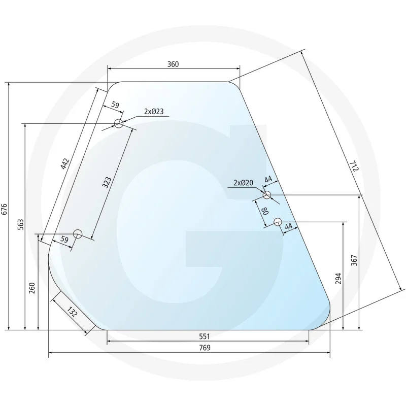 trapezoid panel, engineering drawing, blue tint, dimensions, hole pattern