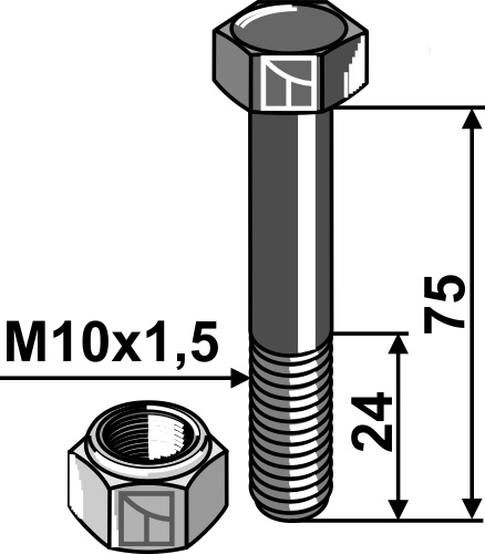 Hex bolt M10x1.5x75 with lock nut