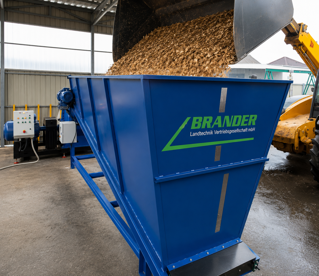 Hammermühlen Komplettsystem für Biomasse, Holz & Futtermittel – 1000 kg/h mit Zufuhrbehälter 5 m³