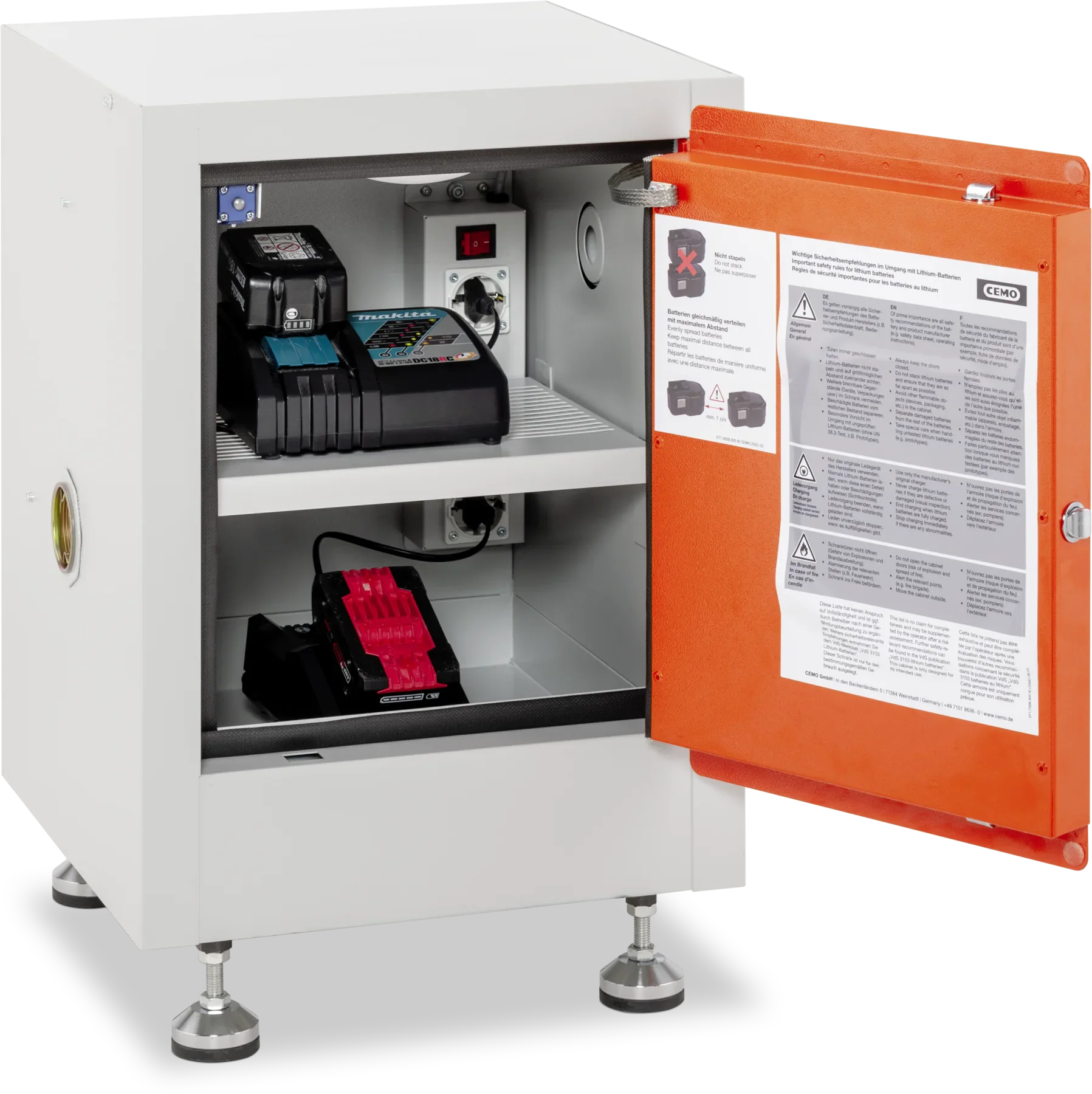 CEMO Akku-Lagerschrank mit Ladeeinheit – kompakter Lithium-Akku-Sicherheitsschrank, 43 × 43 × 56 cm