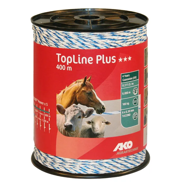 AKO TopLine Plus Weidezaunlitze 400 m | Weiß/Blau | 6 × 0,30 mm TriCOND-Leiter