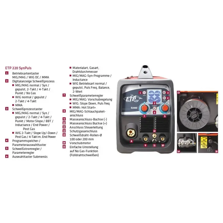 Elmag Mobile Multifunctional Welding Inverter for MIG/MAG, TIG DC and MMA with 19 Synergy Programs, Complete Steel Set