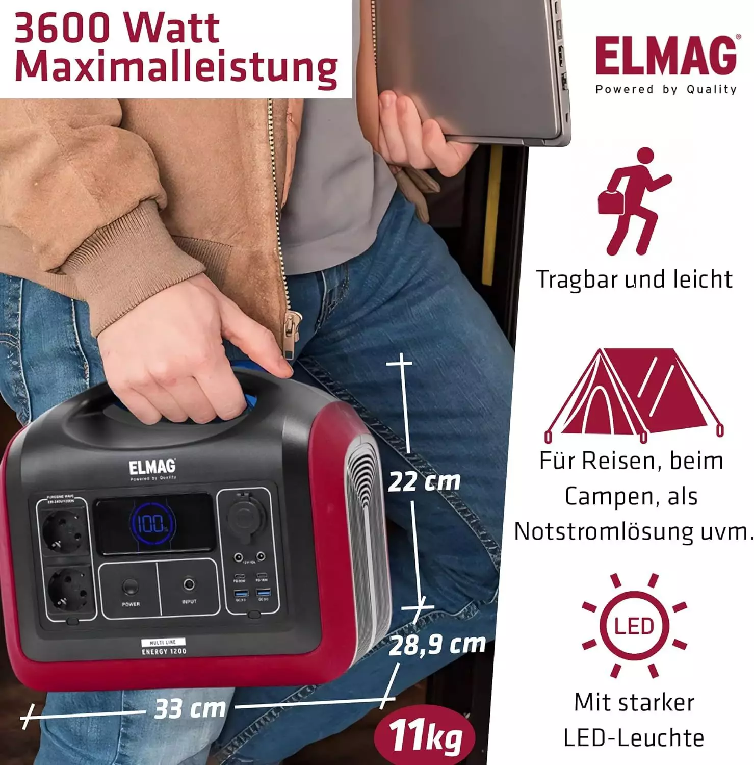 ELMAG Portable Power Station ENERGY 1200 – 1200 W continuous power, 992 Wh LiFePO4 battery, pure sine wave