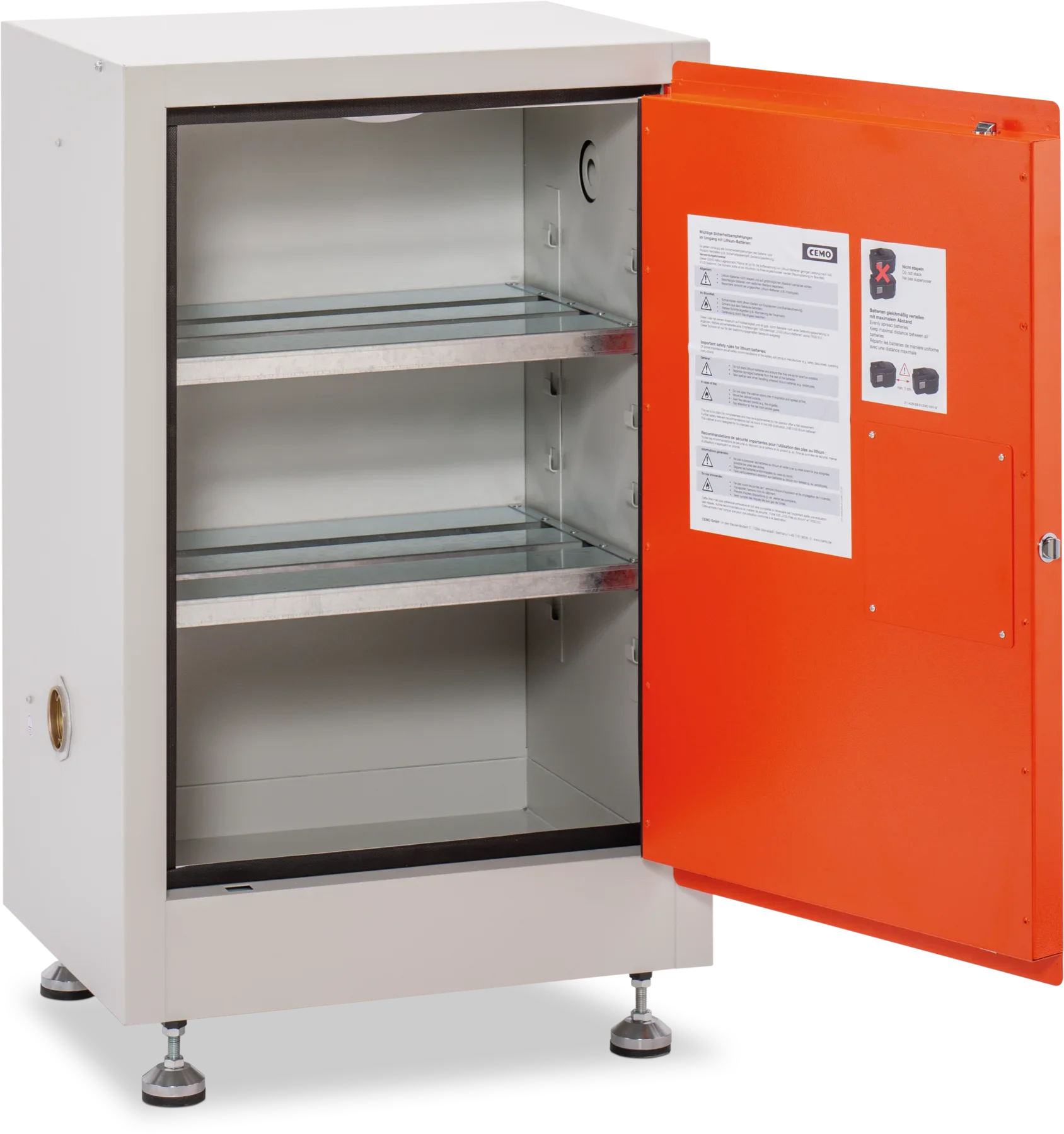 CEMO Akku-Lagerschrank für Lithium-Akkus – 890 × 590 × 460 mm, 2 Fachböden, abschließbar