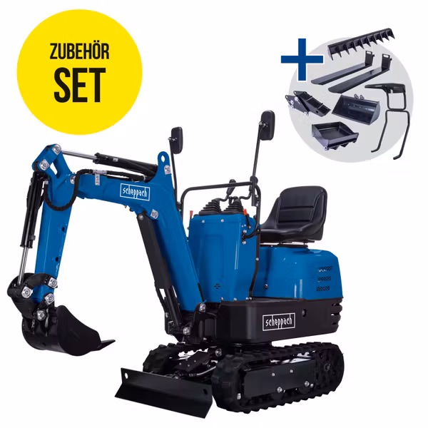 Scheppach EXC815 Benzin-Mini-Bagger XXL Set – 8,5 PS, 1200 mm Grabtiefe, 2330 mm Reichweite, 690 mm Spurbreite, 360° drehbar, Komplett-Zubehör