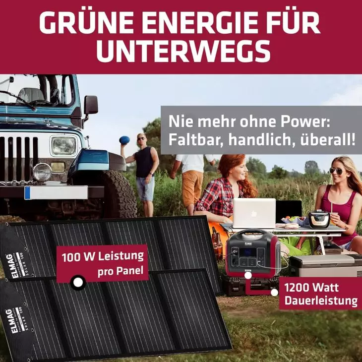 ELMAG Tragbare Power Station 1200W mit Solargenerator-Set – LiFePO4 Akku 992Wh, 2×100Wp Solarpanel, reiner Sinus