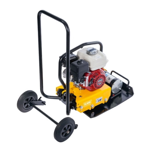 Elmag PCB14-40 forward-running vibratory plate compactor with Honda GX160 engine, 14 kN centrifugal force, including transport wheels and crane hook