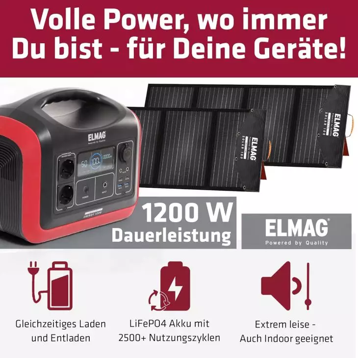 ELMAG Portable Power Station 1200W with Solar Generator Set – LiFePO4 Battery 992Wh, 2×100Wp Solar Panels, Pure Sine Wave