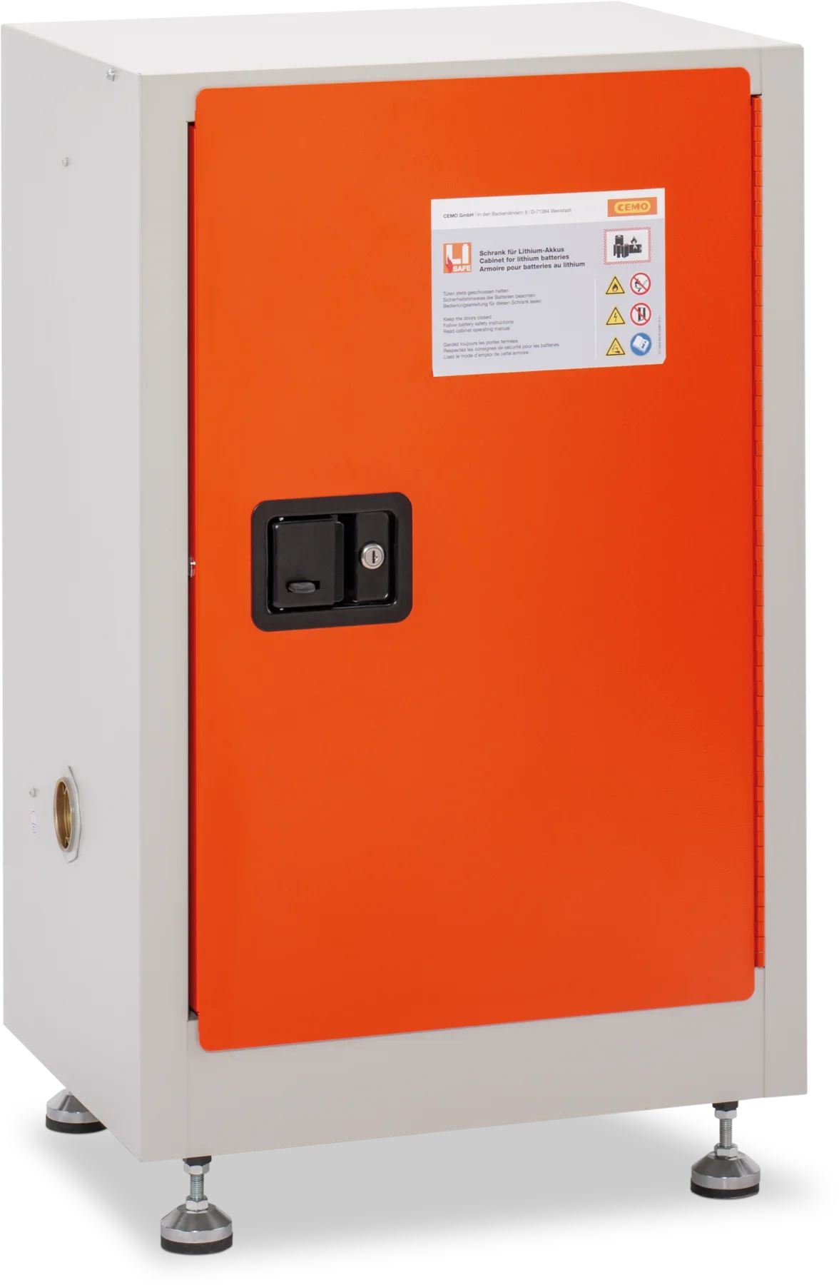 CEMO Akku-Lagerschrank für Lithium-Akkus – 890 × 590 × 460 mm, 2 Fachböden, abschließbar