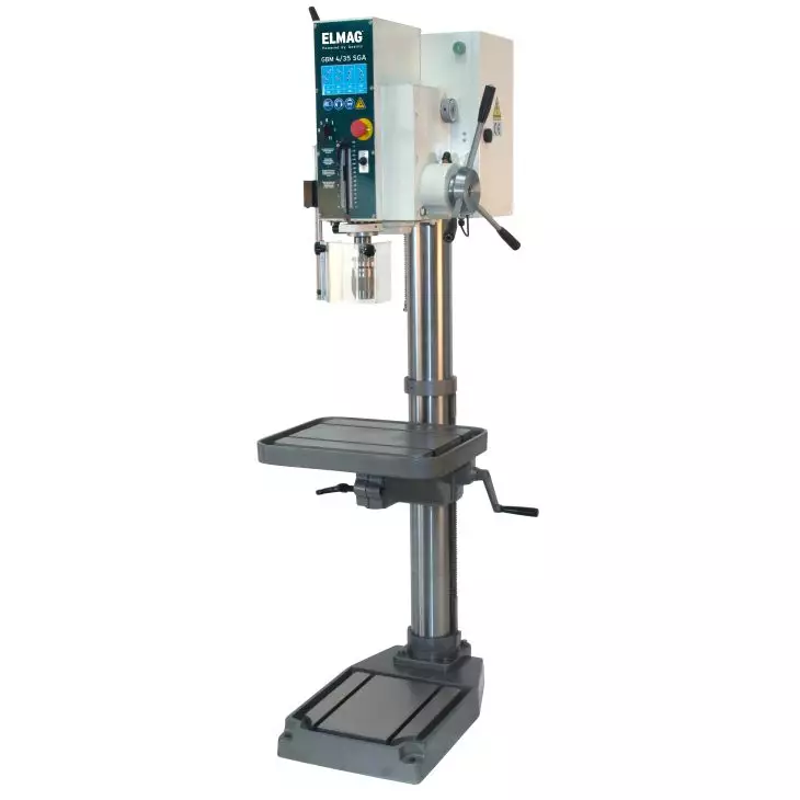 Elmag Getriebe Säulenbohrmaschine 35 mm Bohrleistung, 8 Drehzahlen, automatischem Vorschub und Rechts-/Linkslauf.