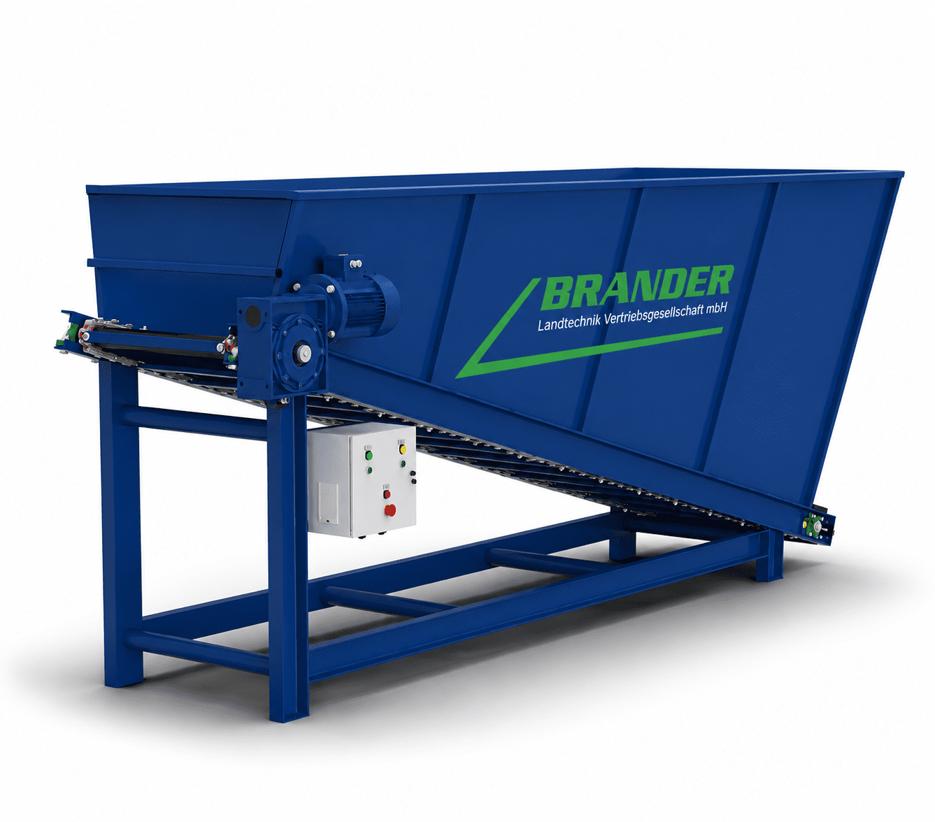 Zufuhrbehälter 5 m³ mit Dosiersystem & Kettenförderer – Automatischer Biomasse Dosierer 5,5 kW