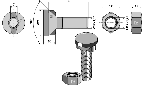 Plough screw M12x1.75x35 with hexagon nut