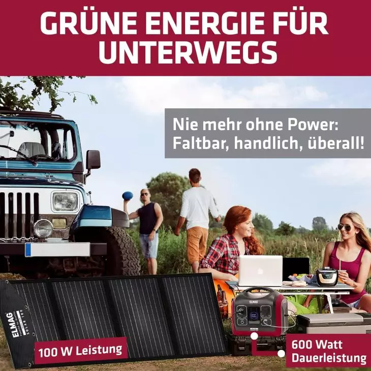 ELMAG Portable Power Station 600W with Solar Generator Set – LiFePO4 Battery 595Wh, 100Wp Solar Panel, Pure Sine Wave