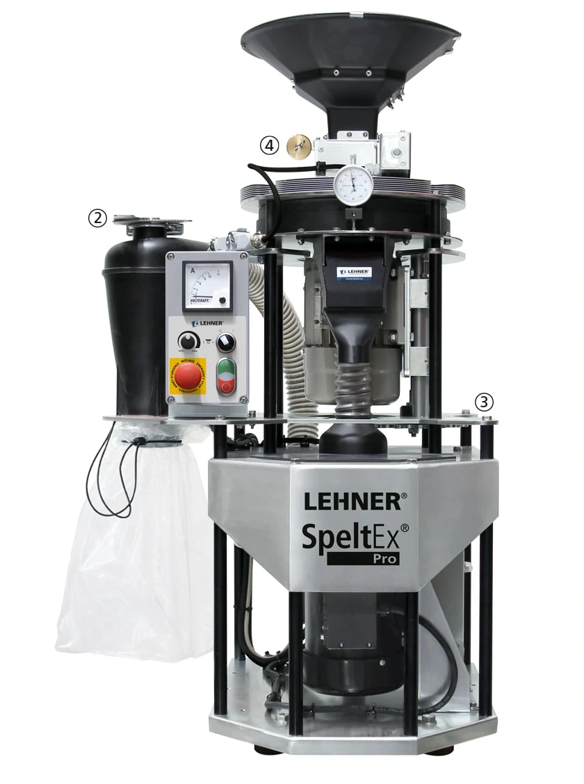 Dinkelentspelzer, Getreidemühle, Edelstahlgehäuse, Trichter, Absackvorrichtung