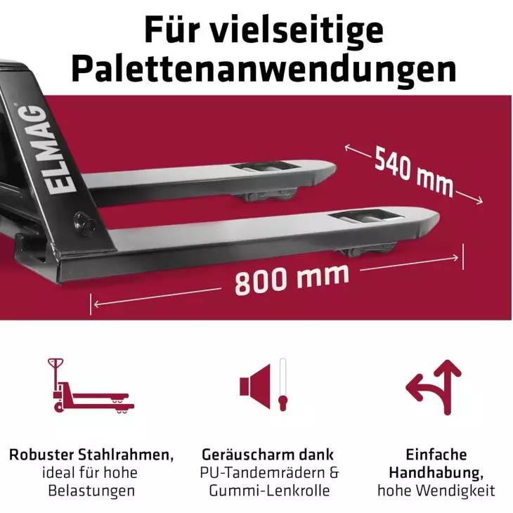 ELMAG Handhubwagen kurz 2500 kg – Palettenhubwagen 800 mm mit Tandemrollen