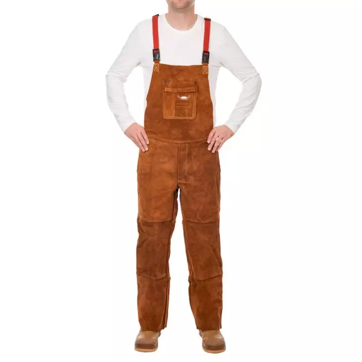 Lederlatzhose, braun, rote Träger, Brusttasche, Arbeitsschutzkleidung