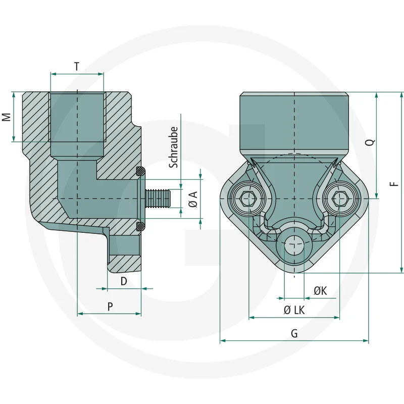 Angled pump flange - connection 1" BSP / 3x M10 x 30