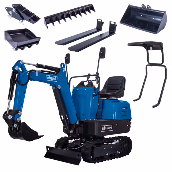 Scheppach EXC815 Benzin-Mini-Bagger XXL Set – 8,5 PS, 1200 mm Grabtiefe, 2330 mm Reichweite, 690 mm Spurbreite, 360° drehbar, Komplett-Zubehör
