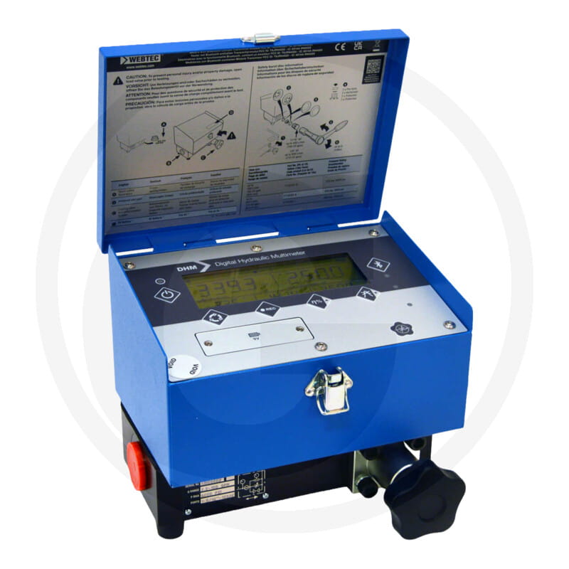 digitaler Messwert, hydraulische Manometer, blaue Box, Abdeckung geöffnet, industrielle Messvorrichtung