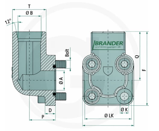 Angled pump flange - connection M16 x 1.5 / 10L / 2x M6 x 22, 2x M6 x 35