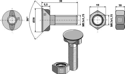 Plough screw M12x1.75x30 with hexagon nut