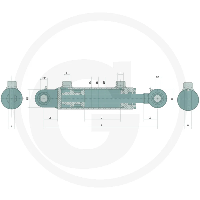 Hydraulikzylinder, Kolbenstange, Gelenkösen, Schnittdarstellung, Technische Zeichnung
