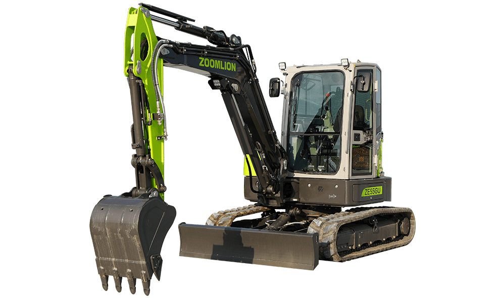 Mini-pelle Zoomlion ZE55GU 5,8 t – Pelle à rayon de rotation court avec moteur Kubota et force d'excavation de 44 kN