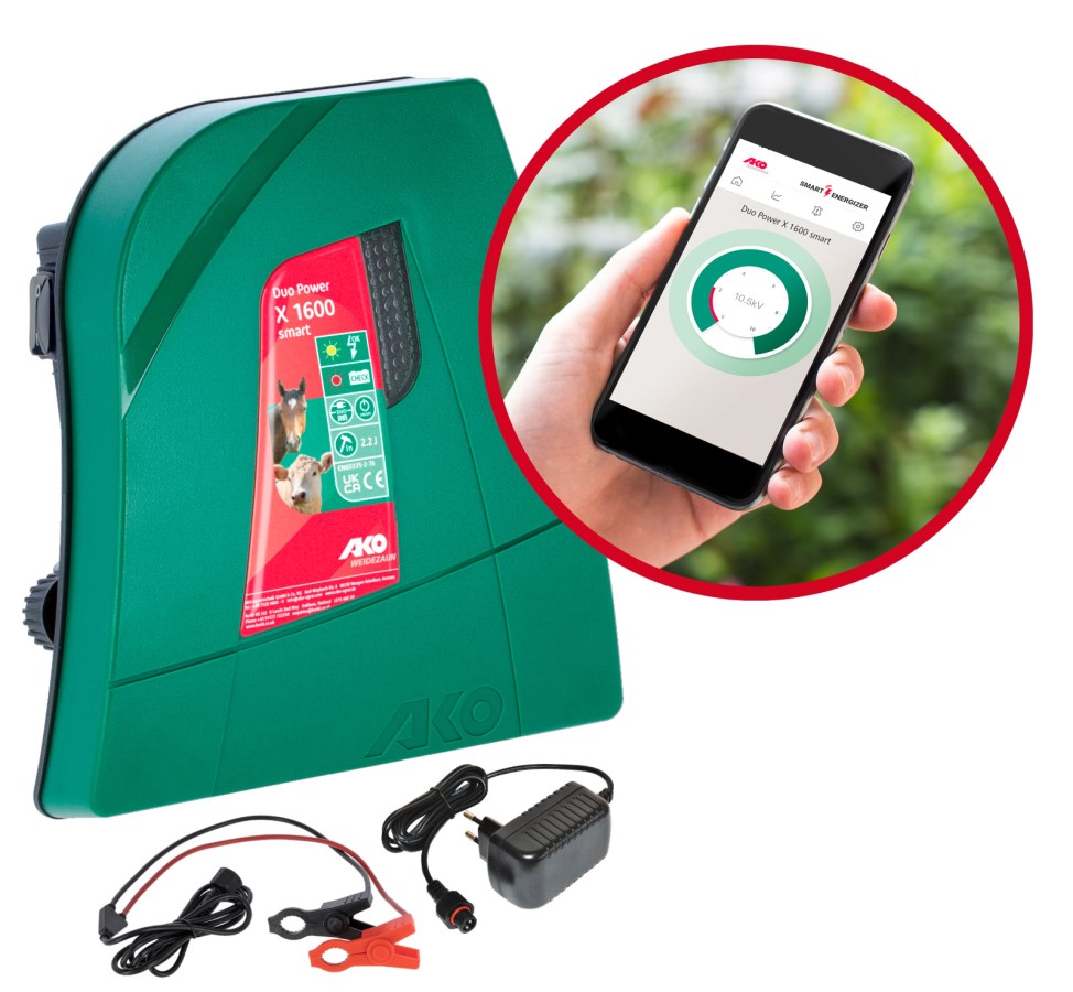 AKO Duo Power X 1600 smart Weidezaungerät | Smart App Steuerung | 12/230V DUO Gerät | 2,2 Joule | 11.000 Volt