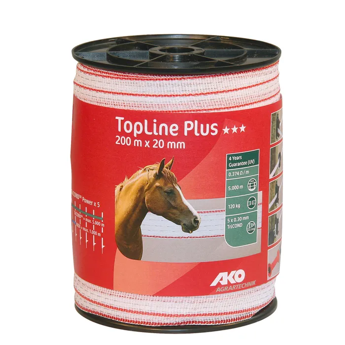 AKO TopLine Plus Weidezaunband 200 m | 20 mm | Weiß/Rot | 5 × 0,30 mm TriCOND Leiter | Hochleistungsband für lange Zaunanlagen