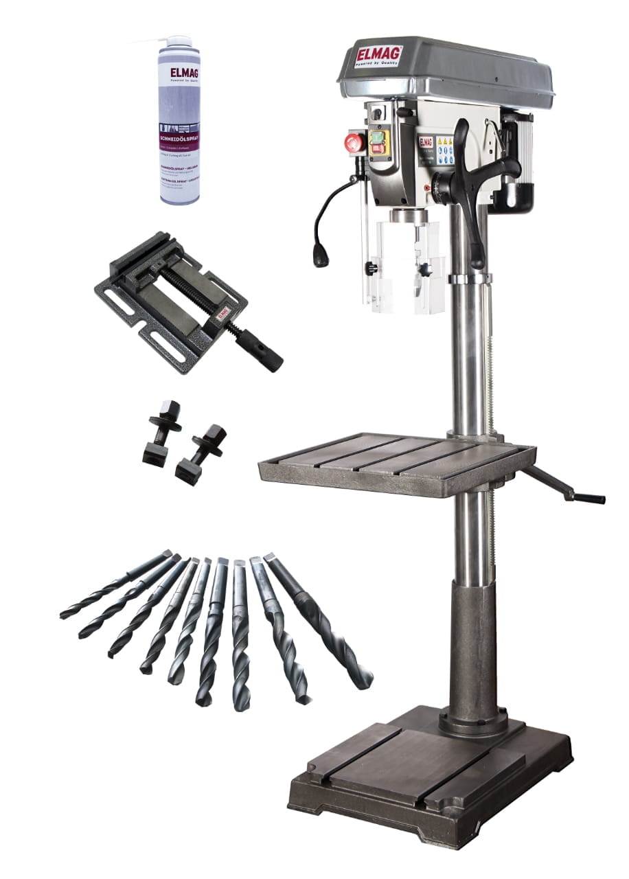 Elmag pillar drill with V-belt - 400V / 1100W / drilling capacity in steel 32mm