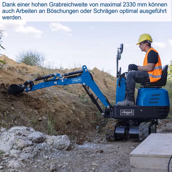 Scheppach MB850 Benzin-Mini-Bagger – 8,5 PS, 1200 mm Grabtiefe, 2330 mm Reichweite, 690 mm Spurbreite, inkl. Dach, 53-cm-Böschungslöffel, Baggerdaumen & Haltekralle