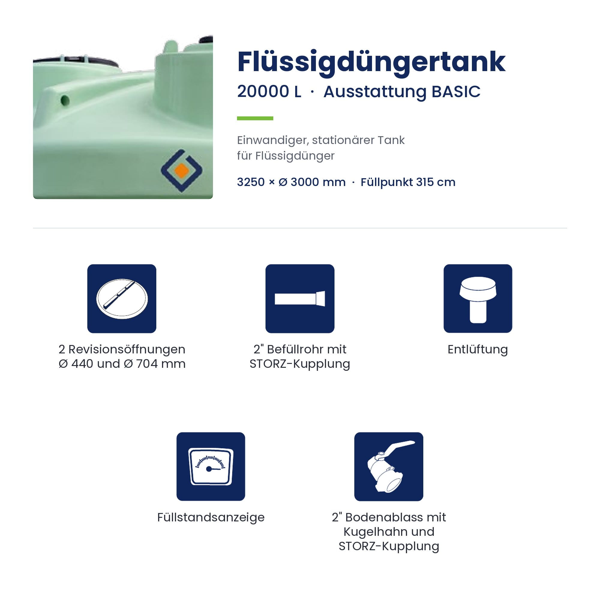 Flüssigdüngertank, 20000 L, Ausstattung BASIC, Einwandiger Tank, Füllheight 315 cm
