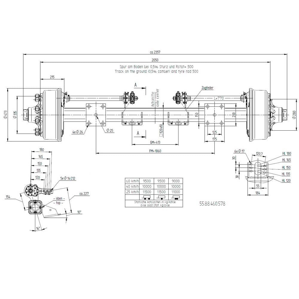 BPW Bremsachse 410x120  - 10-Loch / 2050mm / 10.500kg