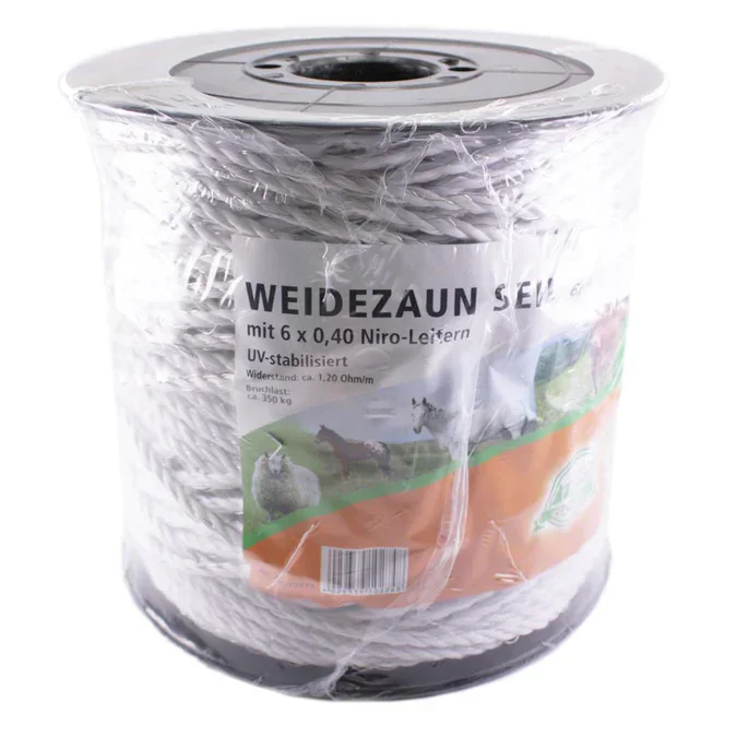 Classic Weidezaunseil 6mm 200m Weiß –  Elektrozaunseil mit 400kg Bruchlast & NiRo Leitern
