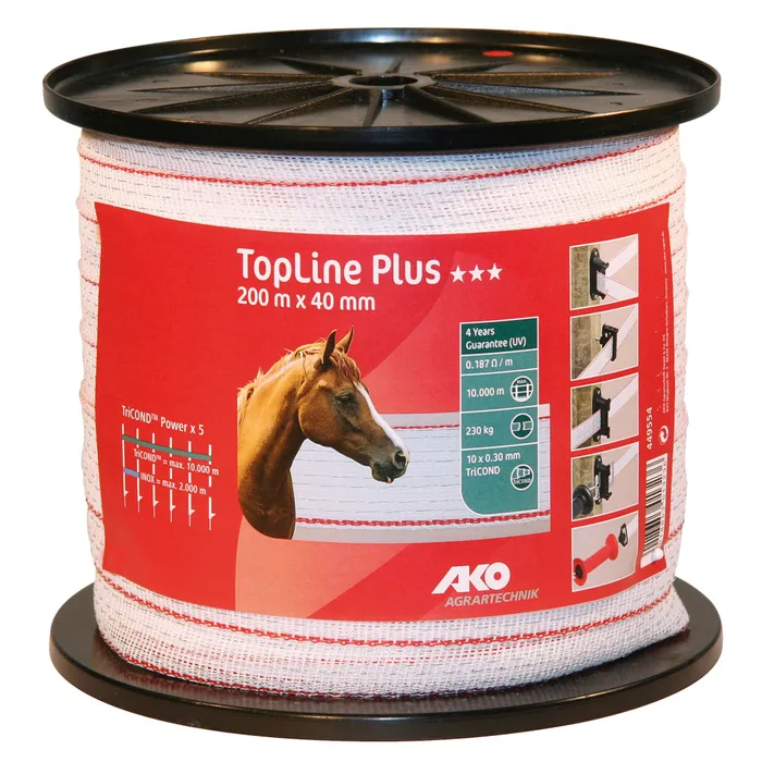 AKO TopLine Plus Weidezaunband 200 m | 40 mm breit | Weiß/Rot | 10 × 0,30 mm TriCOND-Leiter