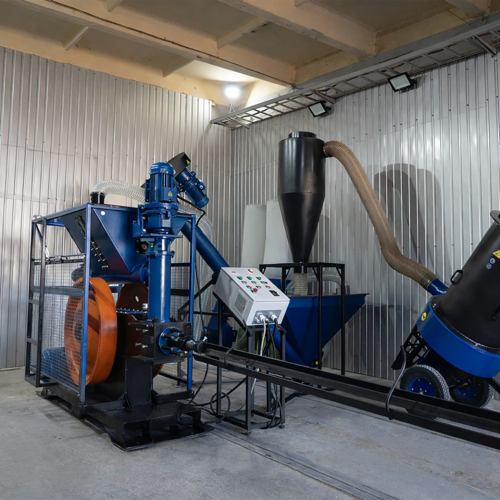 Briquette production line for biomass – up to 350 kg/h, mechanical piston press, 50 mm briquettes