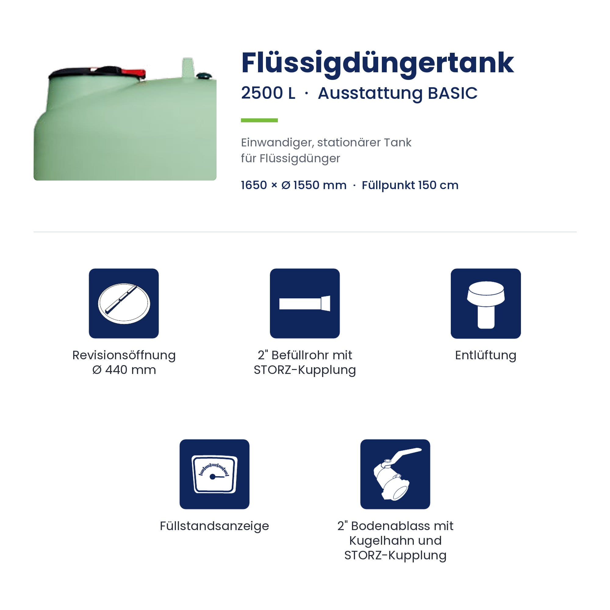 Flüssigdüngertank, 2500 L, Einwandig, Fassungsvermögen 150 cm, Stützfüße