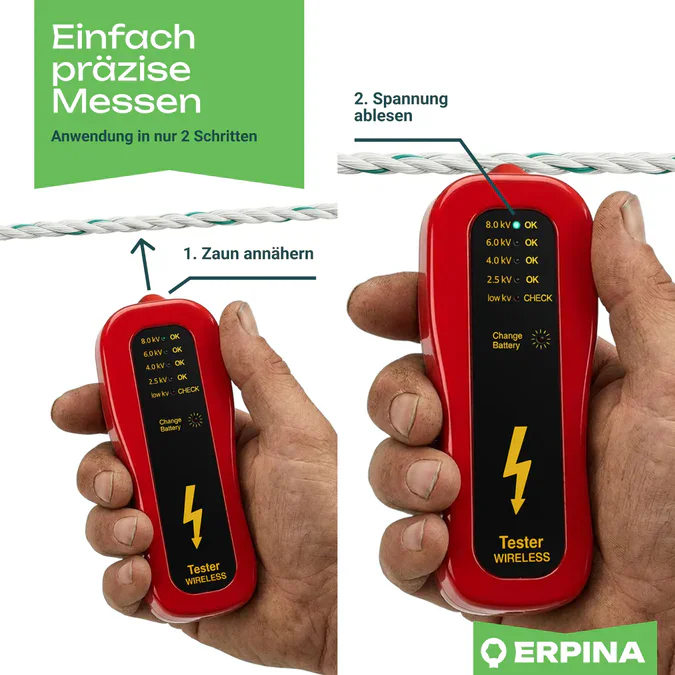 Erpina Zaunprüfer »Redster« mit LED-Anzeige | Kabelloser Weidezaunprüfer bis 8.000 Volt