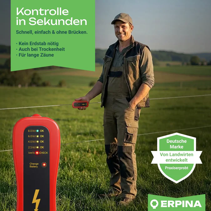 Erpina Zaunprüfer »Redster« mit LED-Anzeige | Kabelloser Weidezaunprüfer bis 8.000 Volt