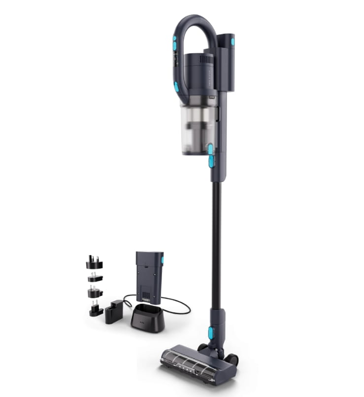 Nilfisk VU200 cordless vacuum cleaner – HEPA 14 filter, 550 W power and 60 min runtime. Includes battery, charger, brush attachments & wall mount.