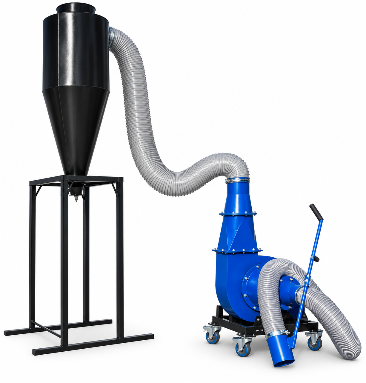 industrialer Staubabscheider, Zentrifugalluftförderer, Absaugung, flexibles Rohrsystem, blaue Maschine