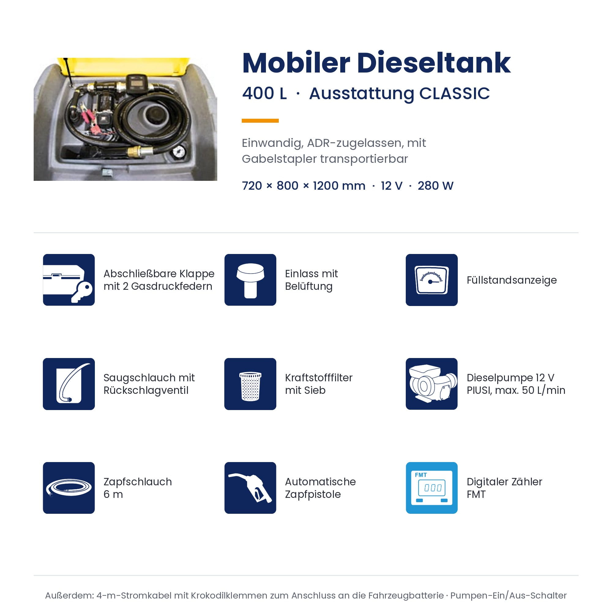 Dieseltank, Mobil, 400 L, Kraftstofftank, Kabeltrommel