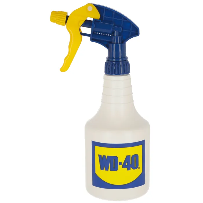 Sprühflasche, Auslöser-Sprayer, WD-40, weiße Flasche, blau-gelbes Etikett